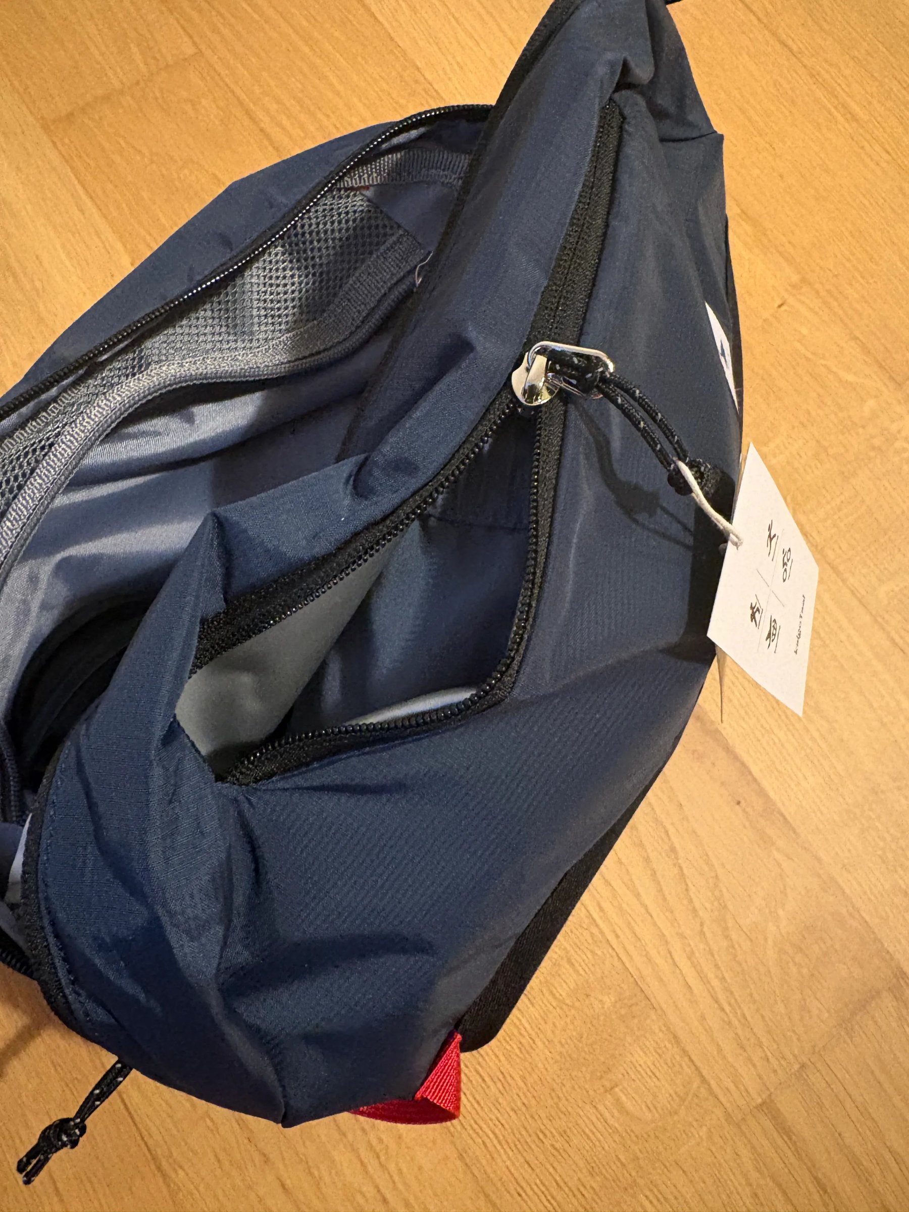 Toiletries sorted into the interior mesh pockets